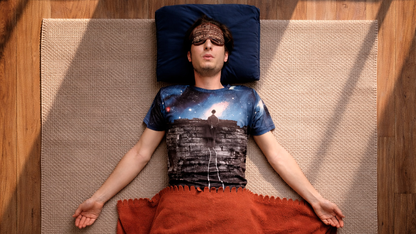 Холотропное дыхание Казань — участник индивидуальной сессии лежит на коврике с маской для глаз, вид сверху, студия Йога Разума